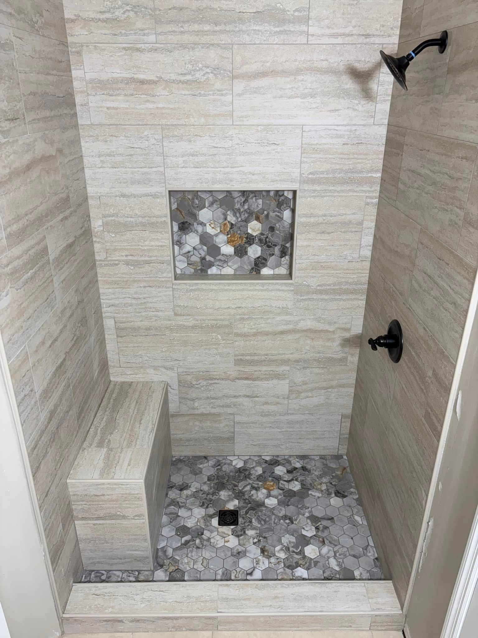 Hexagon mosaic shower niche