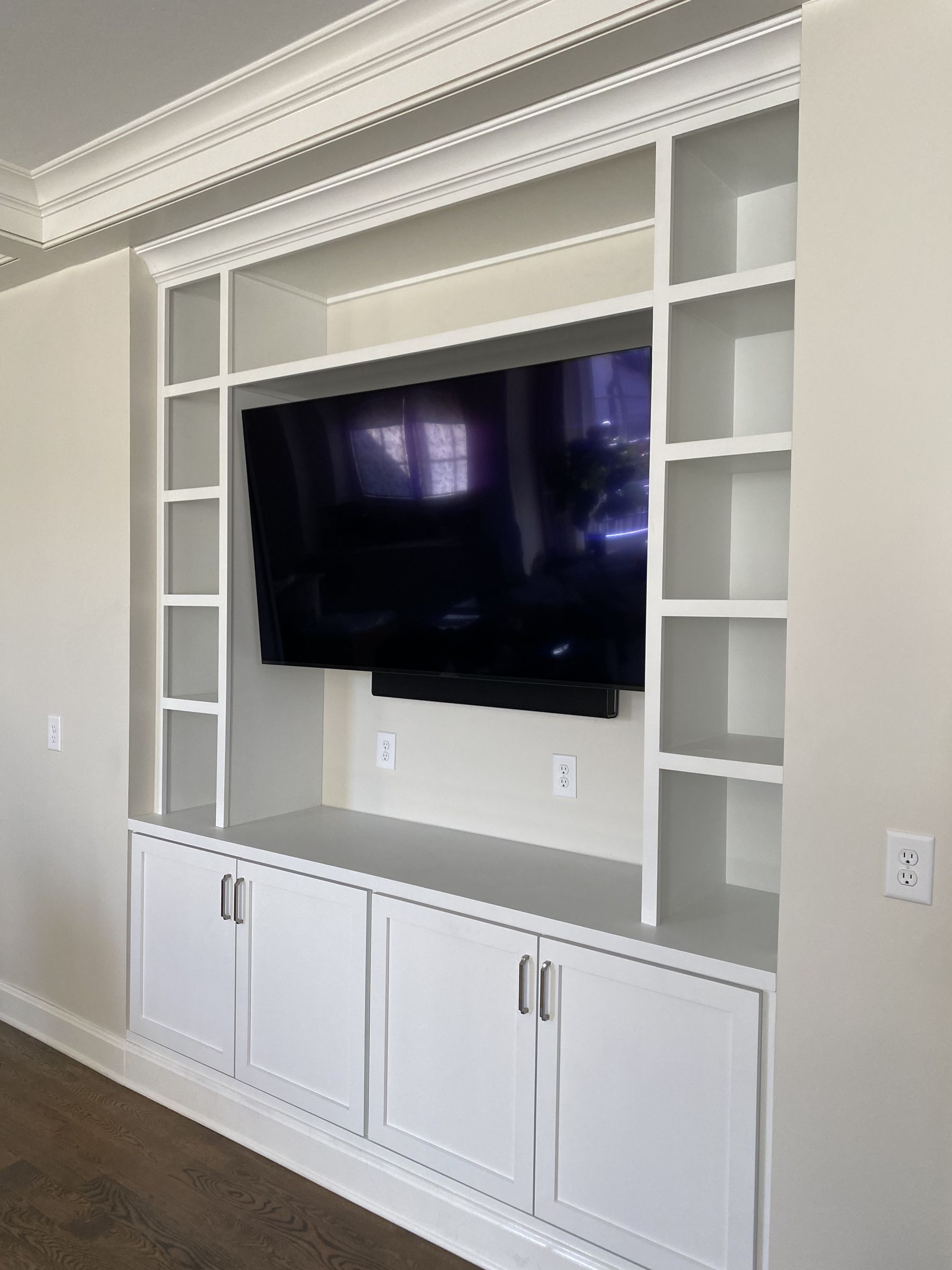 White built-in media wall front view
